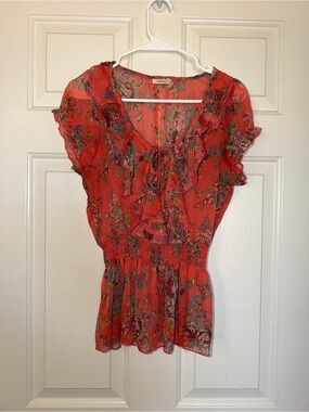 Poetry Coral Floral Semi-Sheer Peplum Blouse - size M